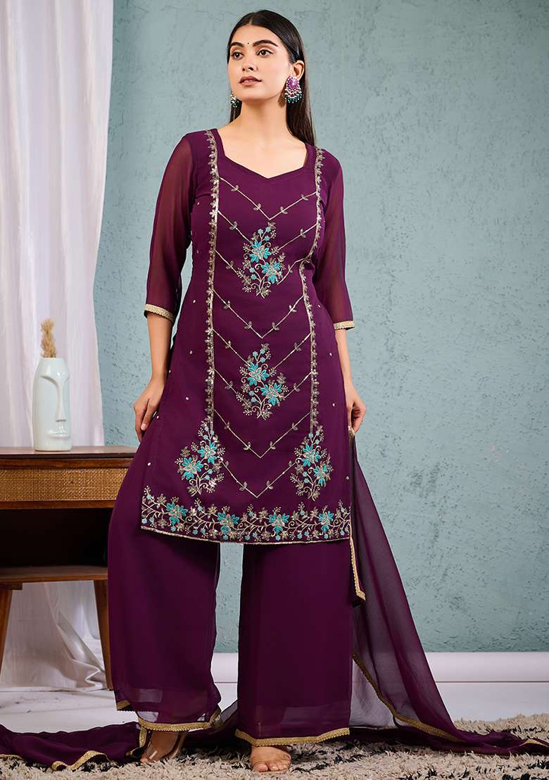 Wine Embroidered Georgette Straight Kurta Set - Indya