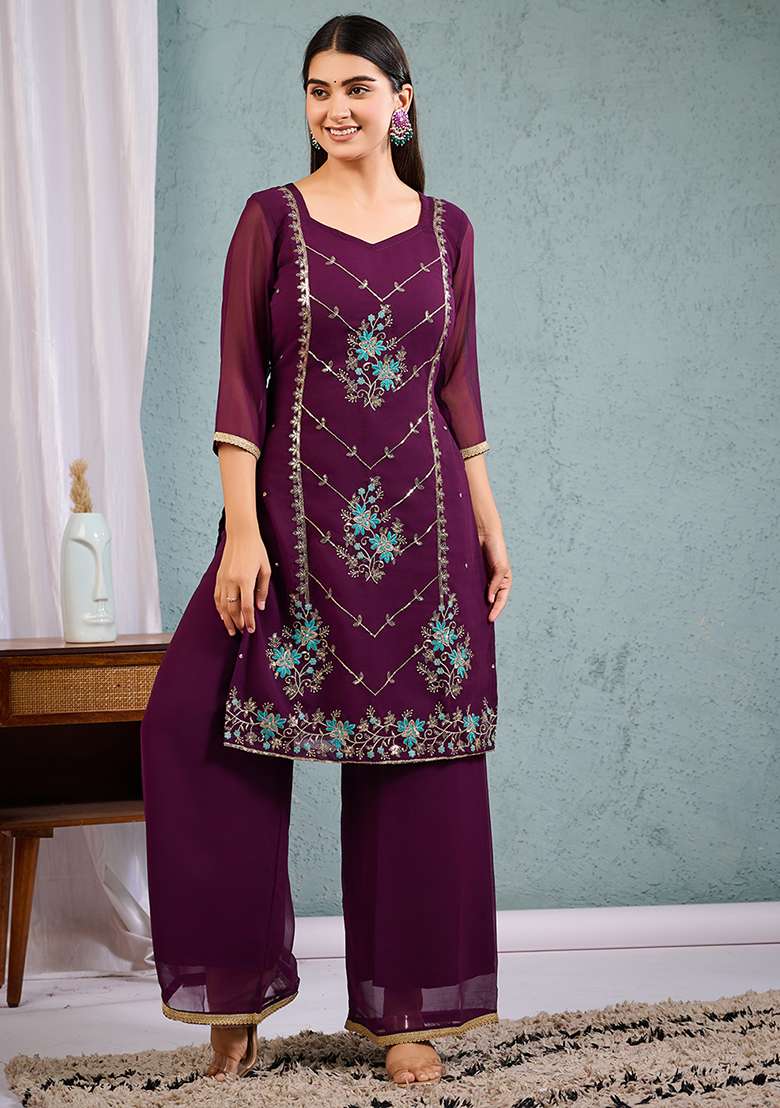 Wine Embroidered Georgette Straight Kurta Set - Indya