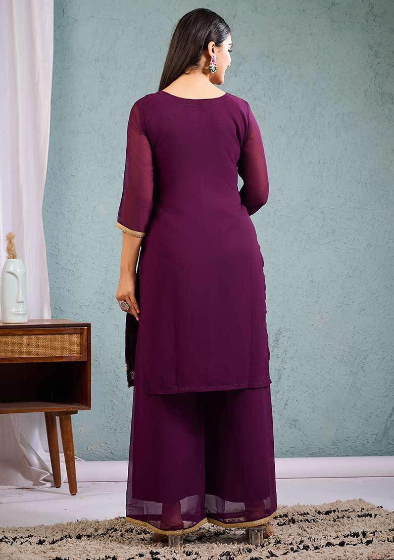 Wine Embroidered Georgette Straight Kurta Set - Indya