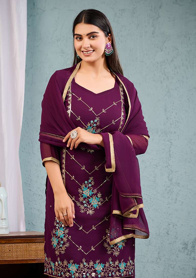Wine Embroidered Georgette Straight Kurta Set - Indya