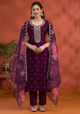 Magenta Embroidered Vichitra Silk Salwar Kameez With Dupatta