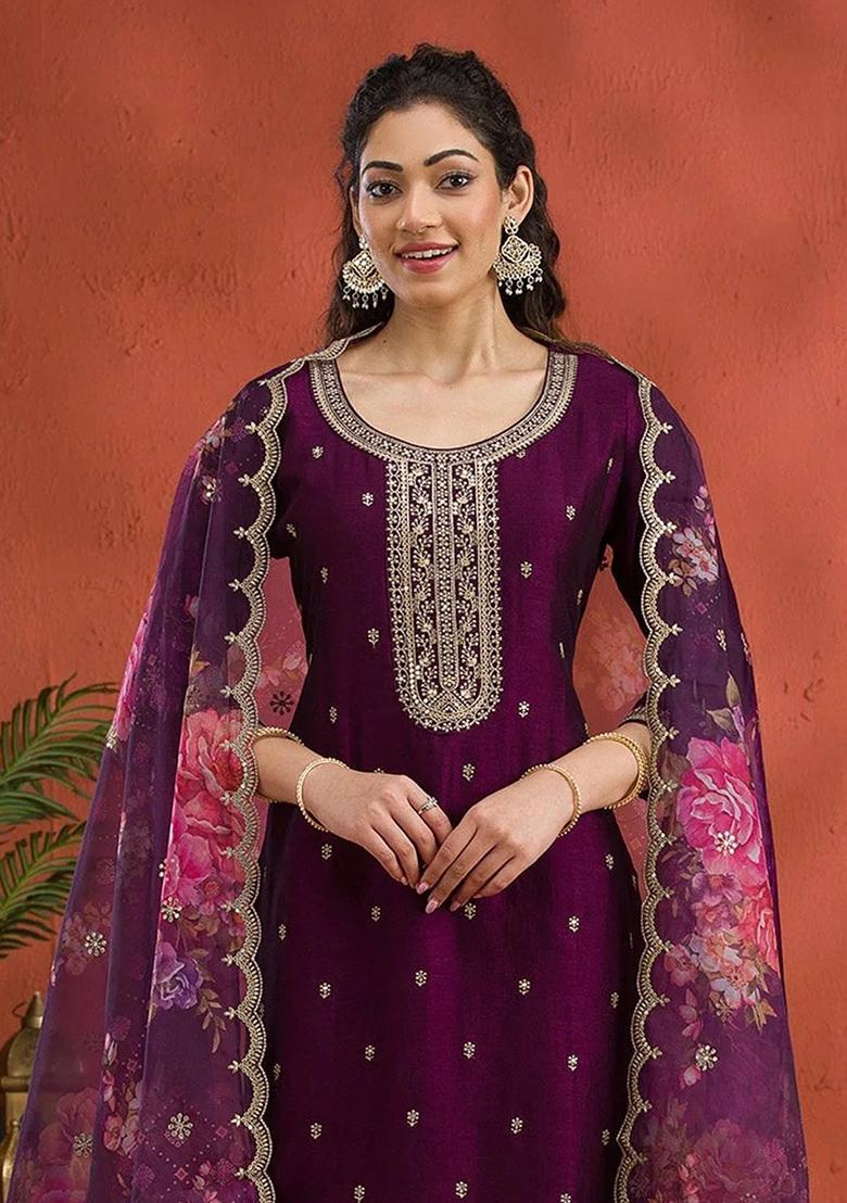 Magenta Embroidered Vichitra Silk Salwar Kameez With Dupatta