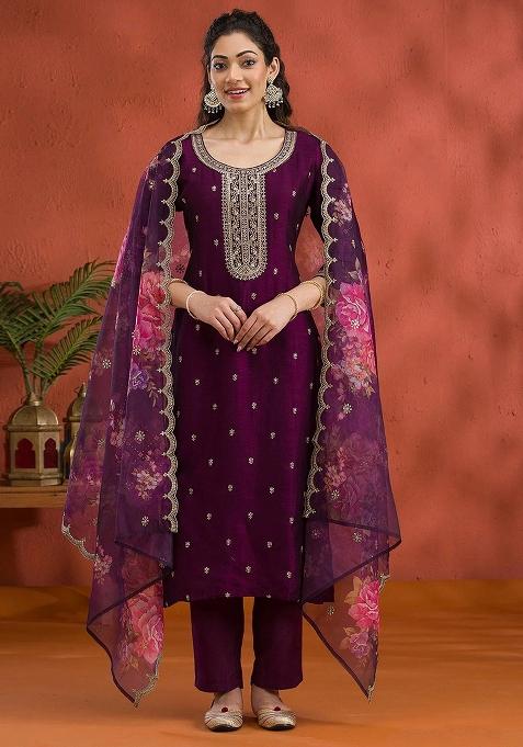 Magenta Embroidered Vichitra Silk Salwar Kameez With Dupatta