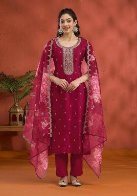 Red Embroidered Vichitra Silk Salwar Kameez With Dupatta