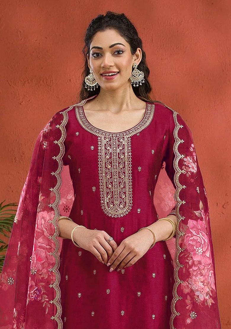 Red Embroidered Vichitra Silk Salwar Kameez With Dupatta