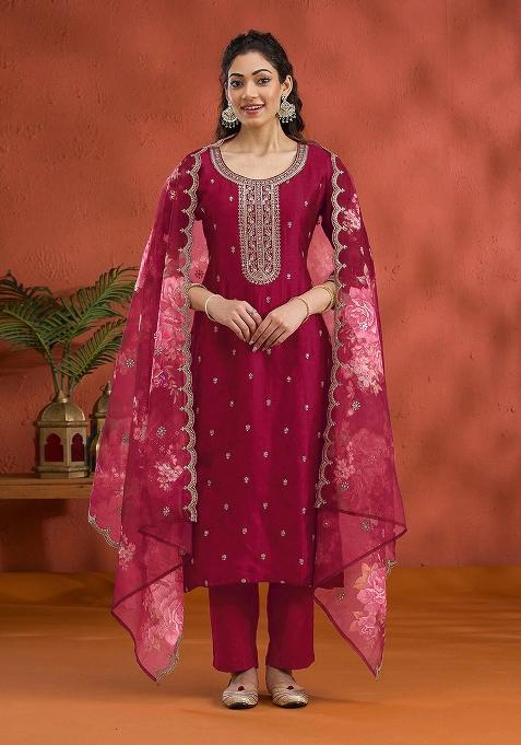 Red Embroidered Vichitra Silk Salwar Kameez With Dupatta