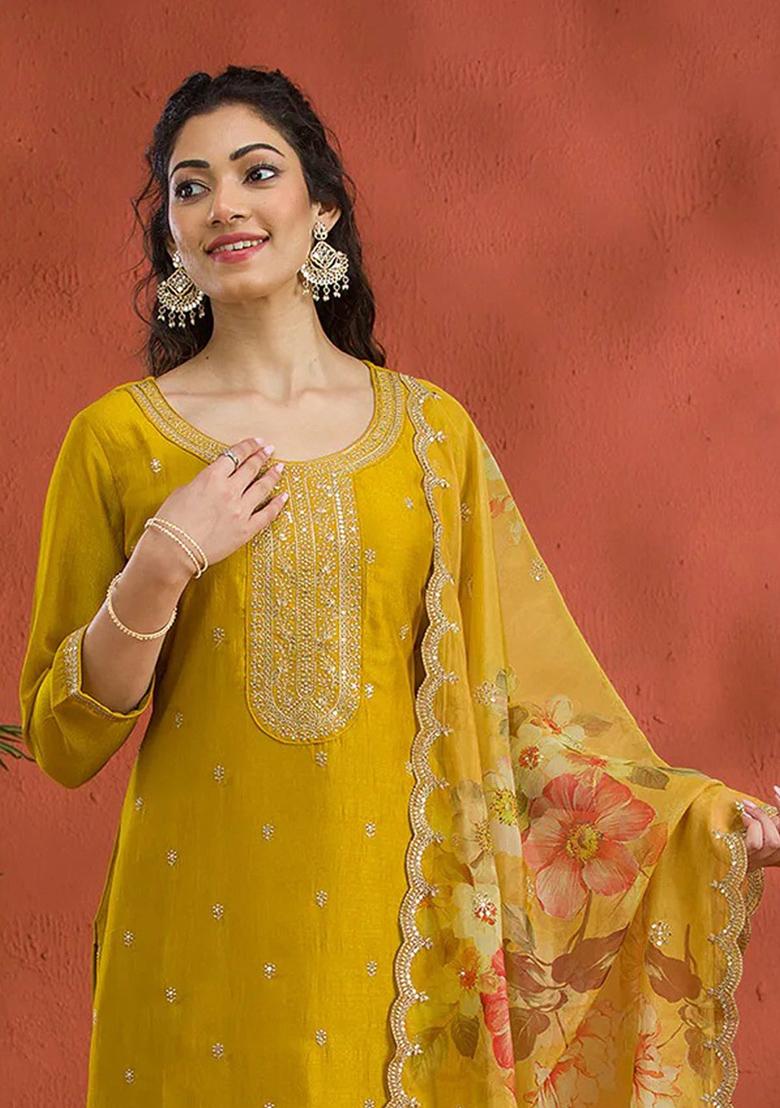 Yellow Embroidered Vichitra Silk Salwar Kameez With Dupatta
