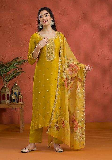Yellow Embroidered Vichitra Silk Salwar Kameez With Dupatta