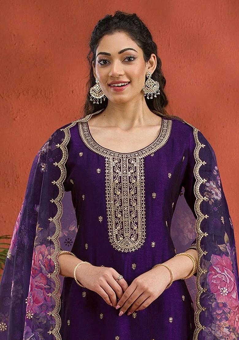 Purple Embroidered Vichitra Silk Salwar Kameez With Dupatta