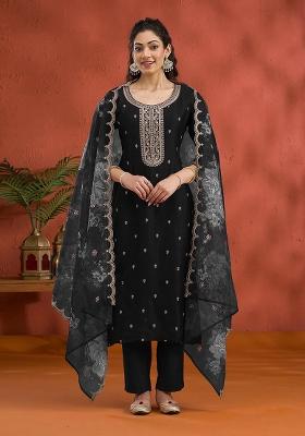 Black Embroidered Vichitra Silk Salwar Kameez With Dupatta