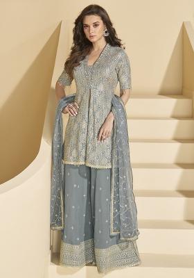 Grey Embroidered Georgette Plazoo Set With Dupatta