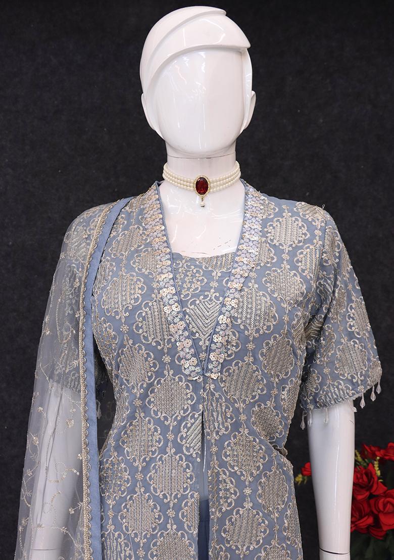 Grey Embroidered Georgette Plazoo Set With Dupatta