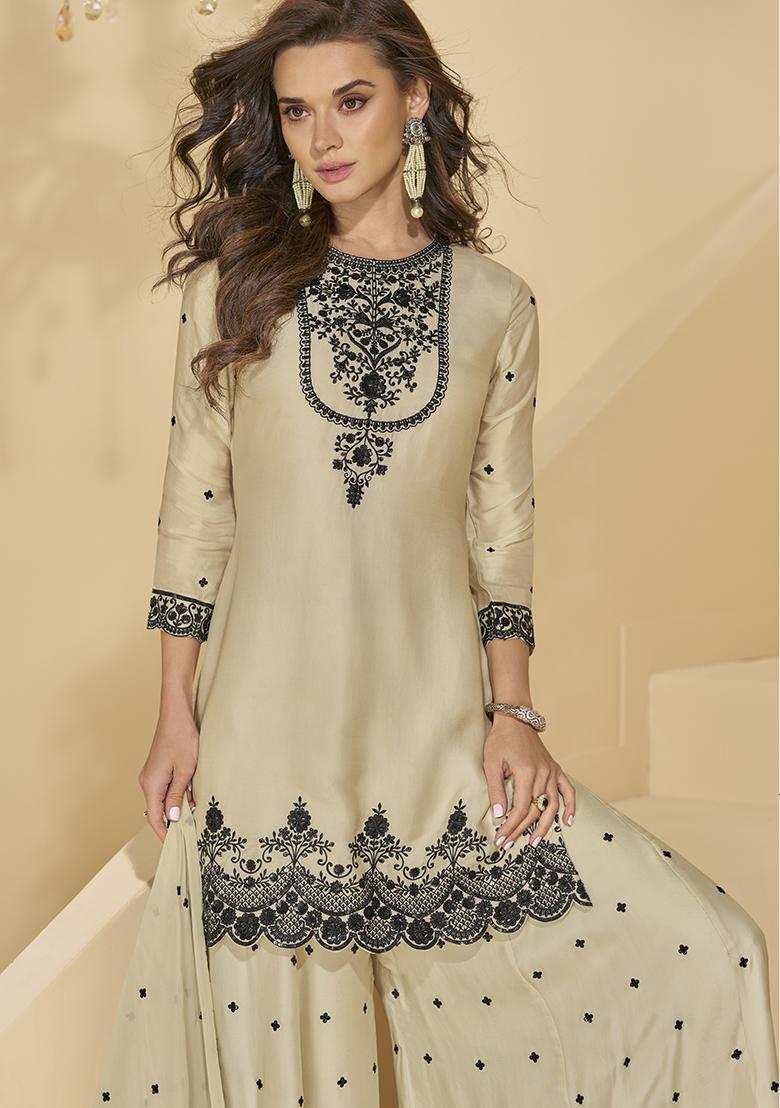 Offwhite Embroidered Chinon Plazoo Set With Dupatta
