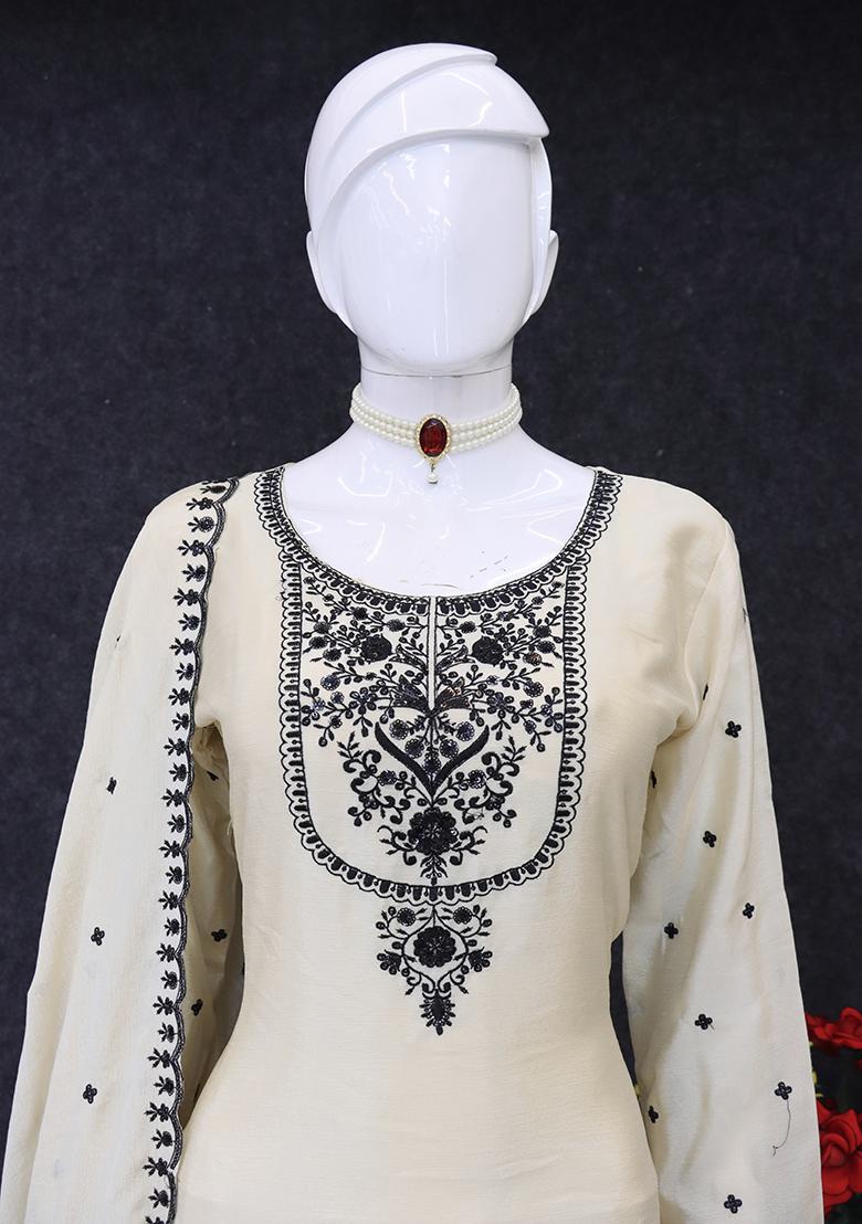 Offwhite Embroidered Chinon Plazoo Set With Dupatta