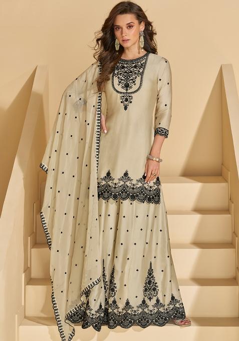 Offwhite Embroidered Chinon Plazoo Set With Dupatta