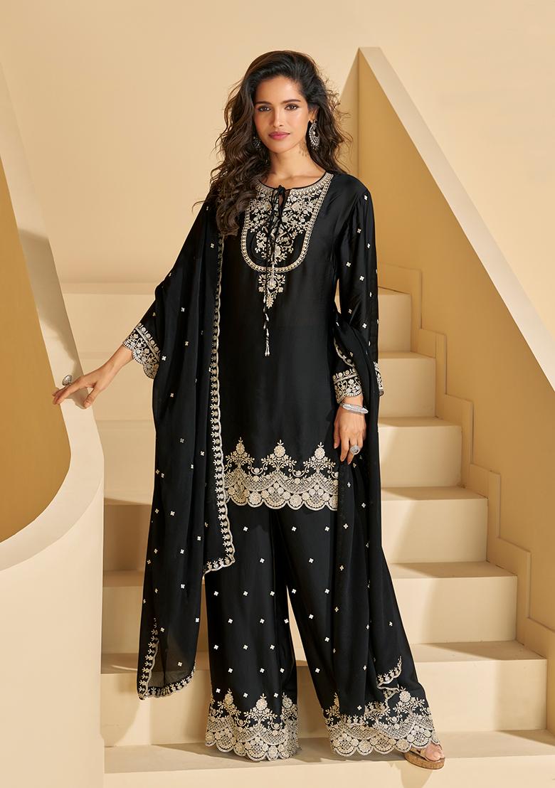 Black Embroidered Chinon Plazoo Set With Dupatta