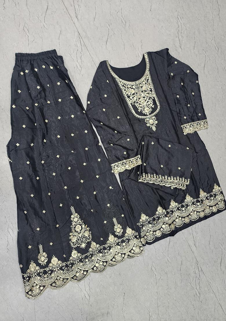 Black Embroidered Chinon Plazoo Set With Dupatta