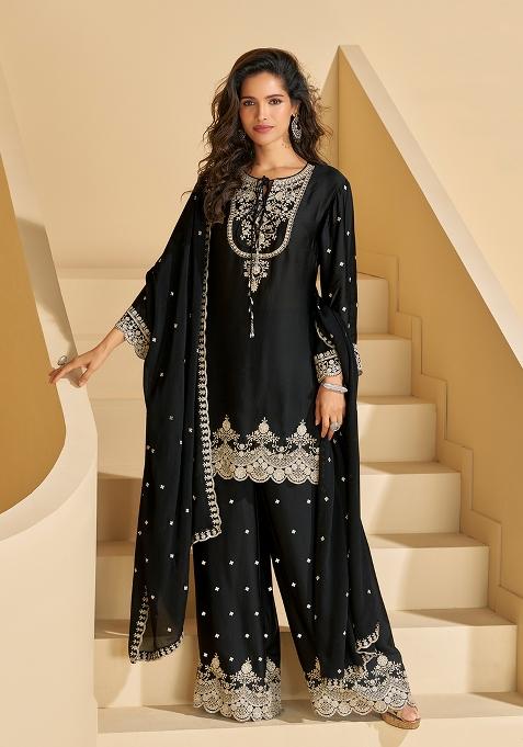 Black Embroidered Chinon Plazoo Set With Dupatta