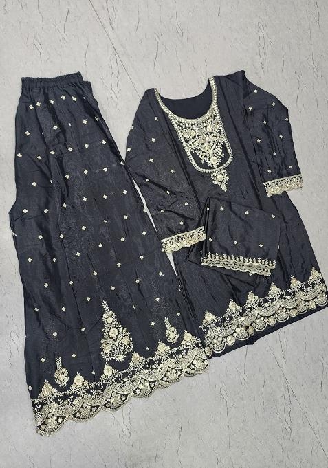 Black Embroidered Chinon Plazoo Set With Dupatta