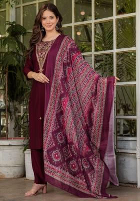 Maroon Embroidered Rayon Salwar Kameez With Dupatta