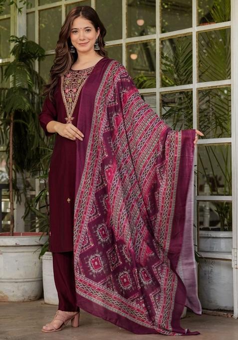 Maroon Embroidered Rayon Salwar Kameez With Dupatta