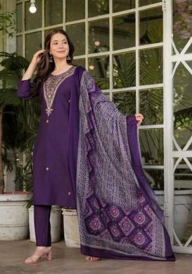 Wine Embroidered Rayon Salwar Kameez With Dupatta