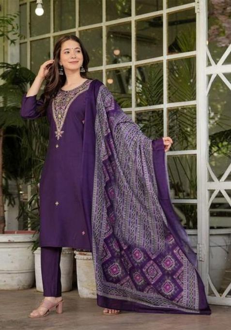 Wine Embroidered Rayon Salwar Kameez With Dupatta