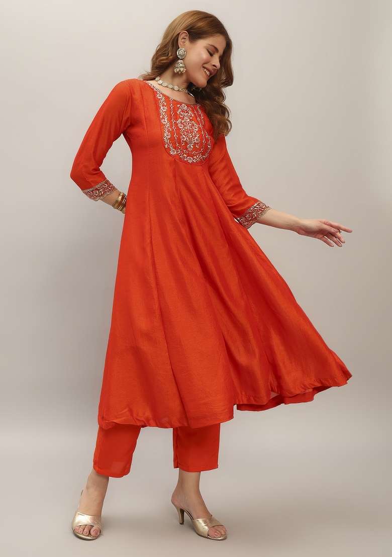 Orange Embroidered Vichitra A Line Kurta Set - Indya