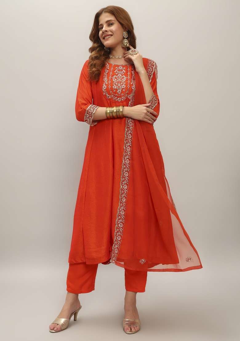 Orange Embroidered Vichitra A Line Kurta Set - Indya
