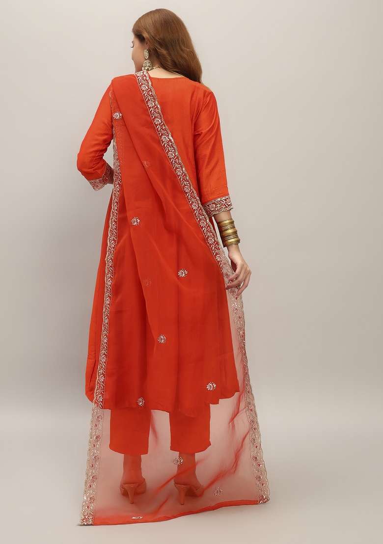 Orange Embroidered Vichitra A Line Kurta Set - Indya