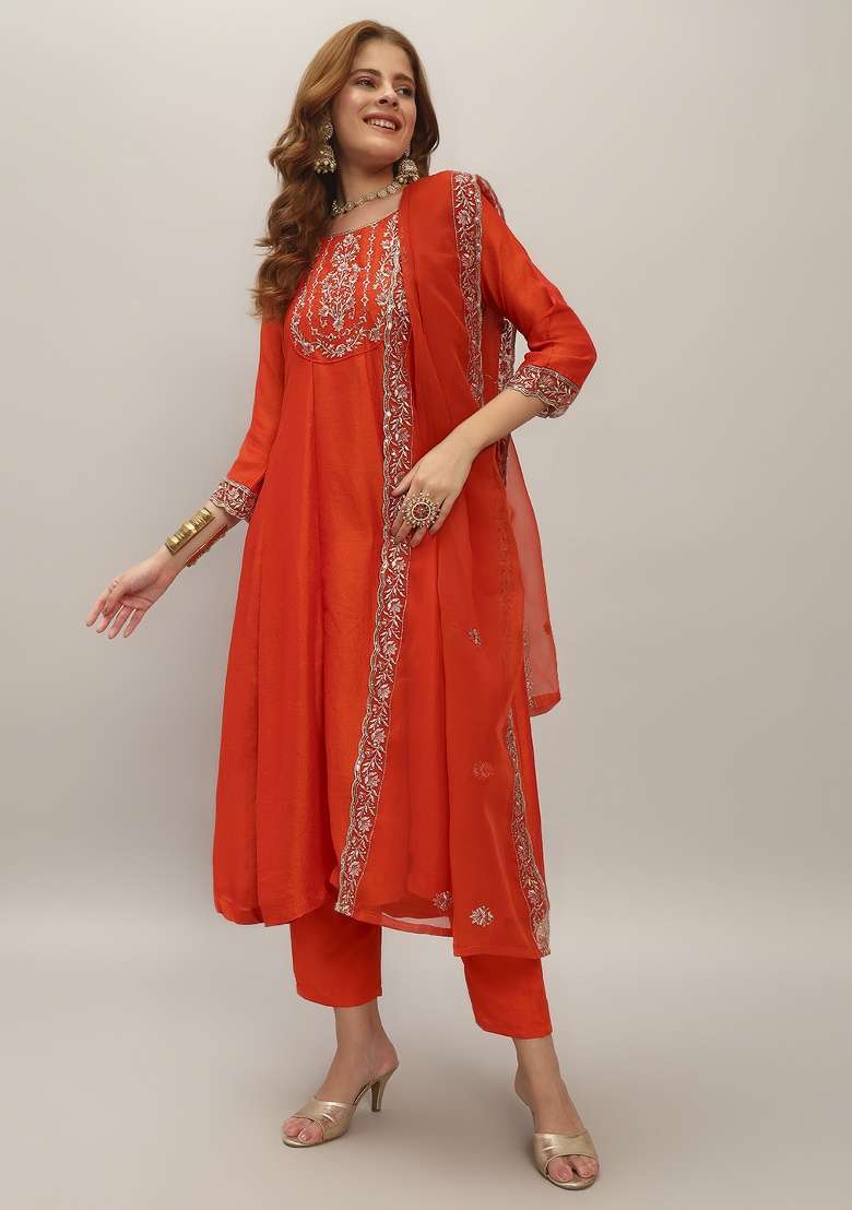 Orange Embroidered Vichitra A Line Kurta Set - Indya
