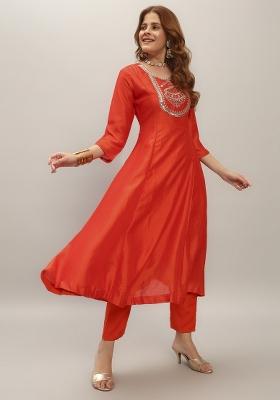 Orange Embroidered Vichitra Salwar Kameez With Dupatta
