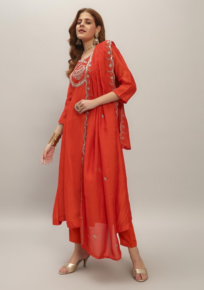 Orange Embroidered Vichitra Salwar Kameez With Dupatta - Indya