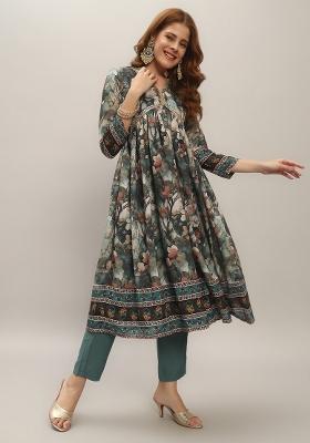 Multi Color Floral Print Silk Blend Anarkali Set
