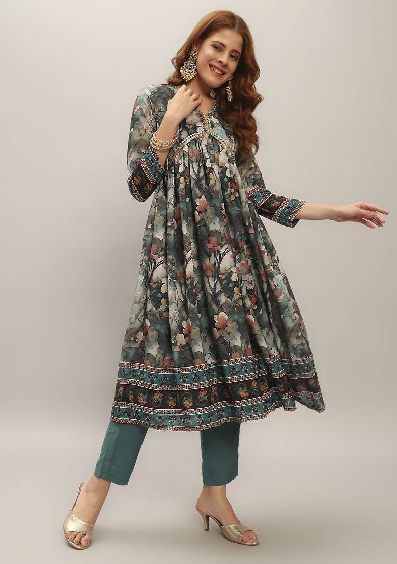 Multi Color Floral Print Silk Blend Anarkali Set - Indya