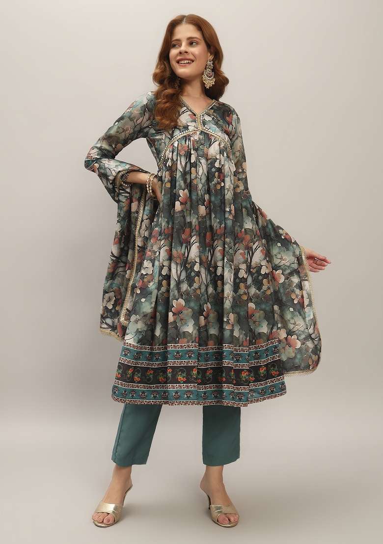 Multi Color Floral Print Silk Blend Anarkali Set - Indya