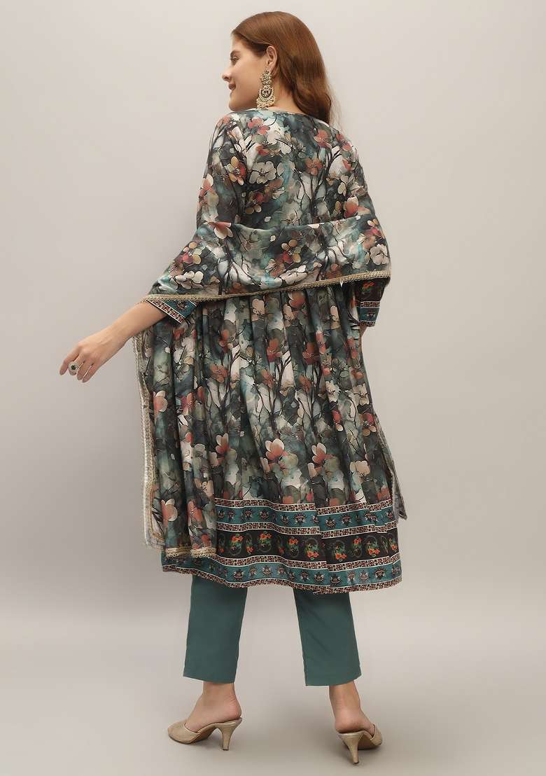 Multi Color Floral Print Silk Blend Anarkali Set - Indya