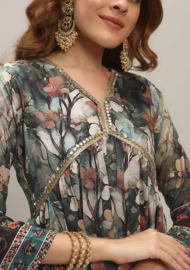 Multi Color Floral Print Silk Blend Anarkali Set - Indya
