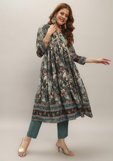 Multi Color Floral Print Silk Anarkali Set — view on Indya