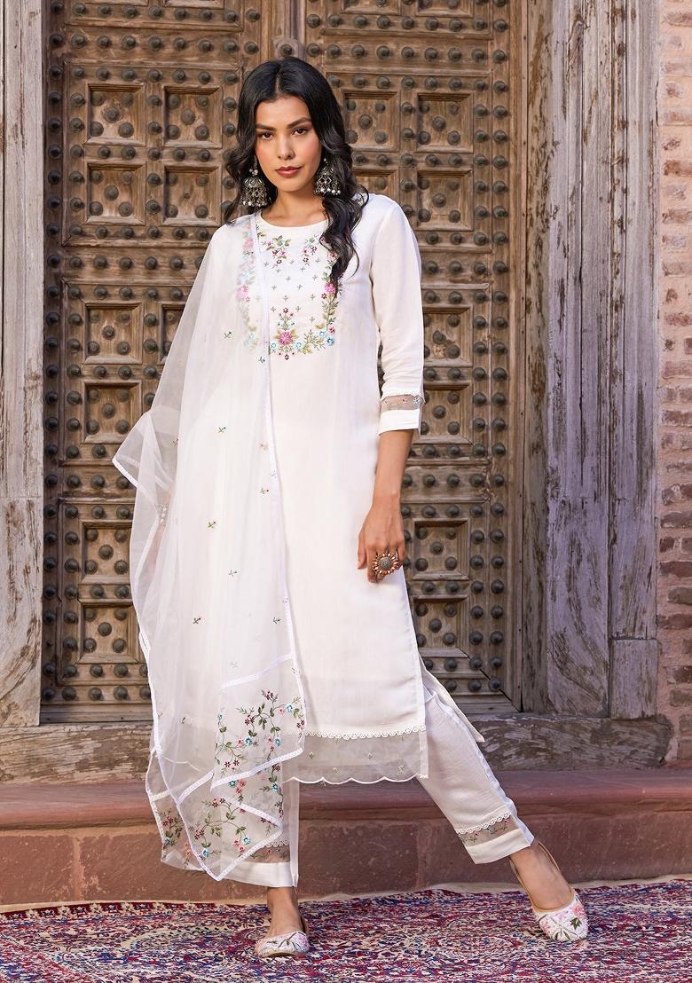 White Embroidered Chanderi Straight Kurta Set - Indya