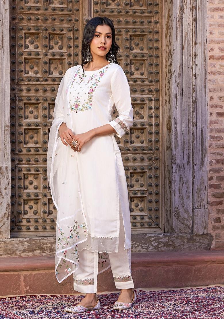 White Embroidered Chanderi Straight Kurta Set - Indya