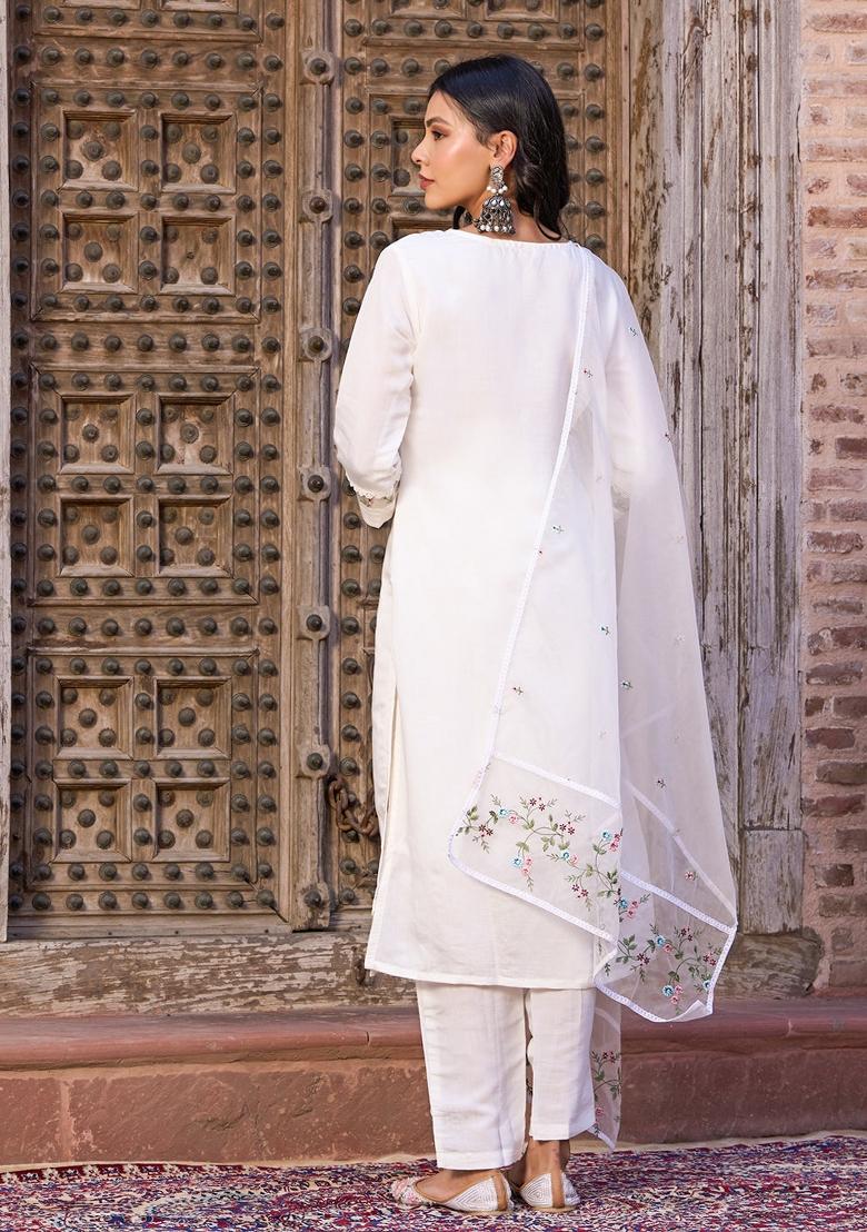 White Embroidered Chanderi Straight Kurta Set - Indya
