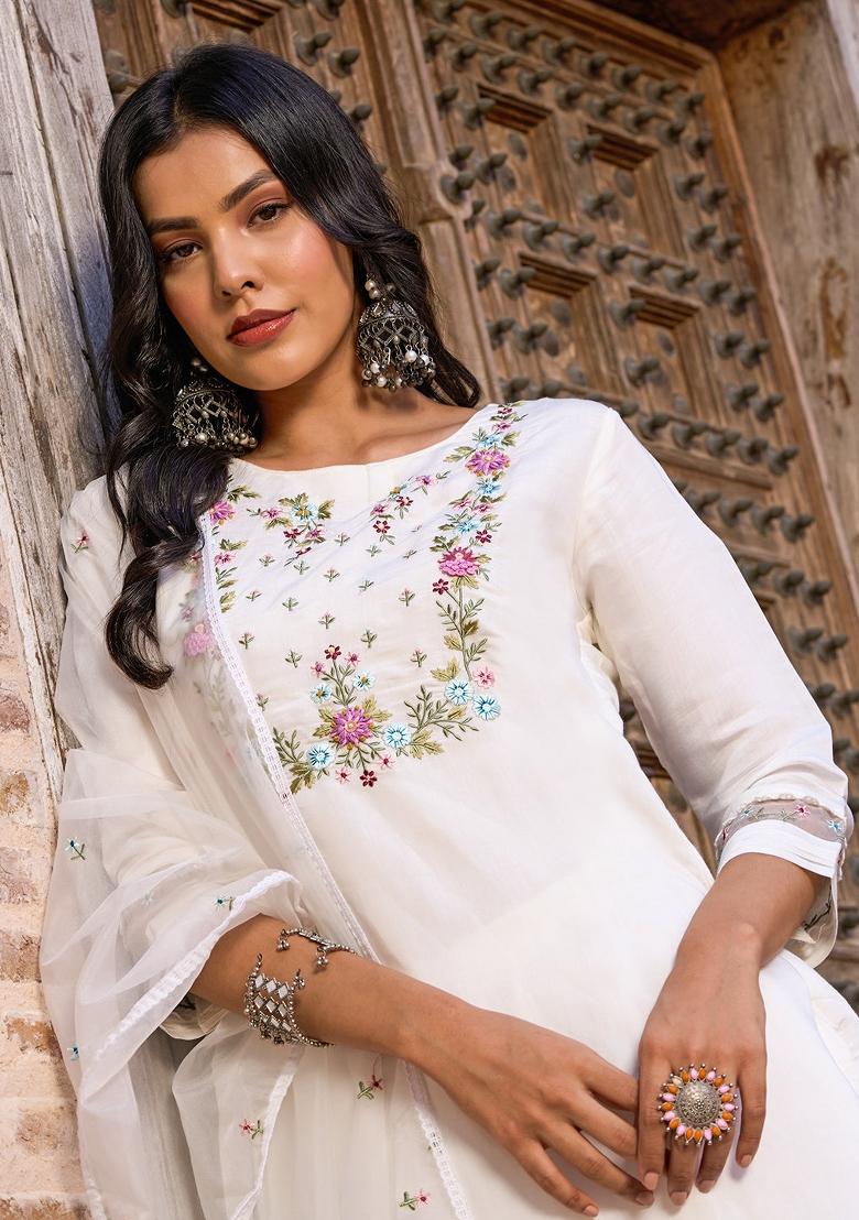 White Embroidered Chanderi Straight Kurta Set - Indya