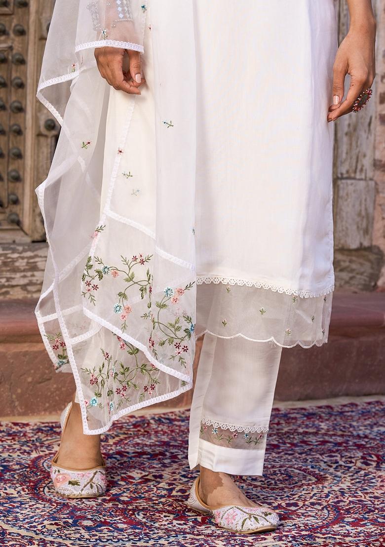 White Embroidered Chanderi Straight Kurta Set - Indya