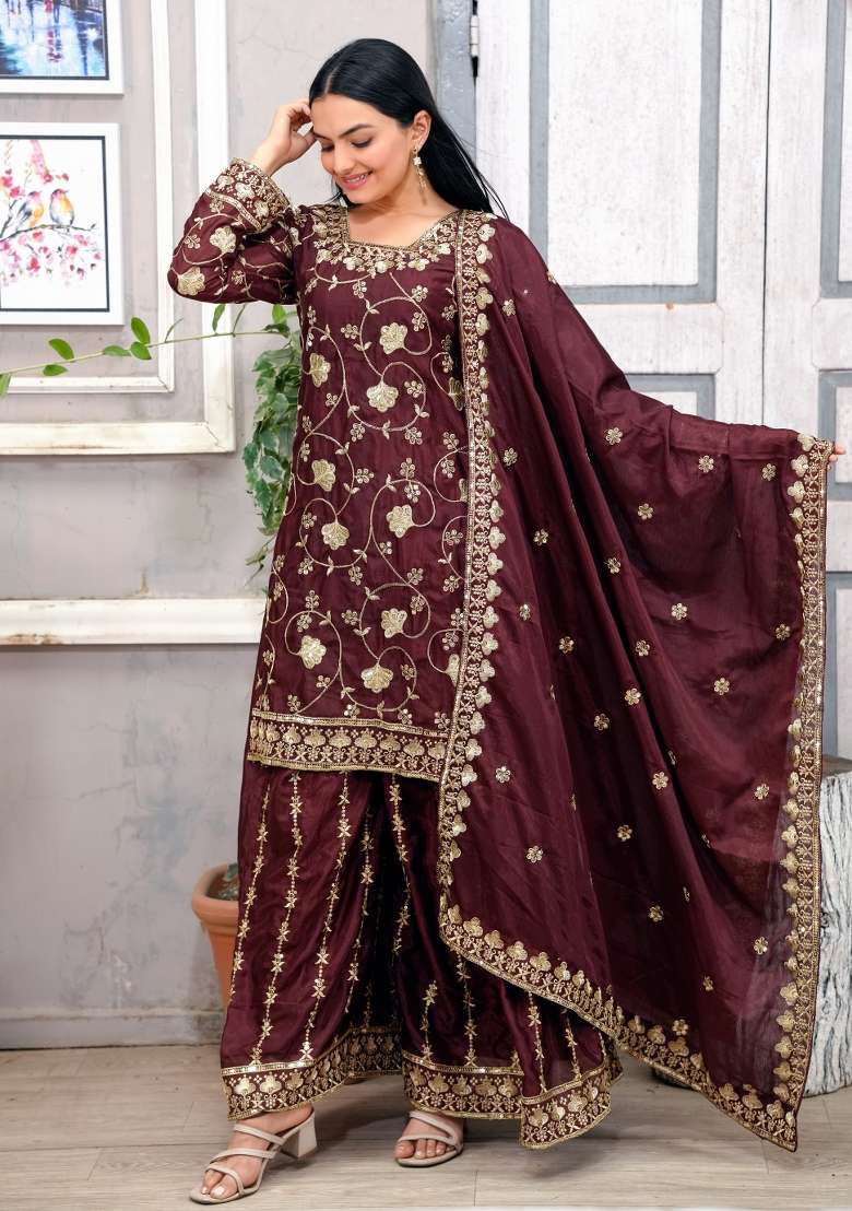 Maroon Embroidered Chinon Sharara Set - Indya