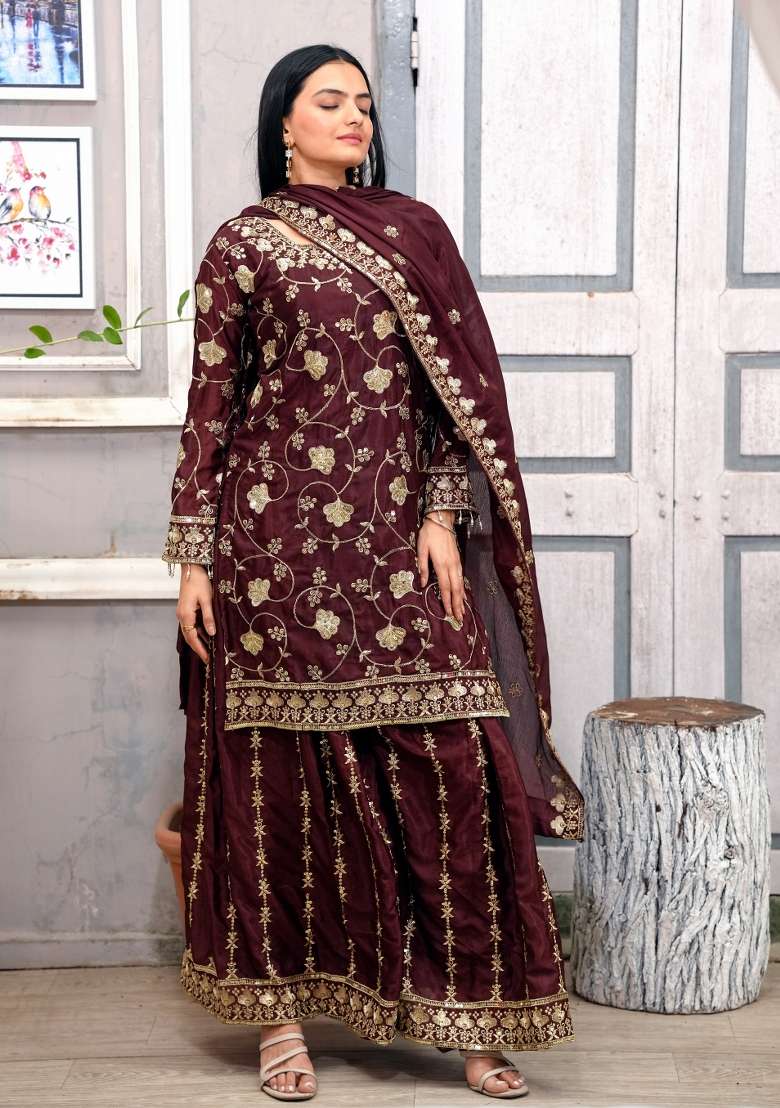 Maroon Embroidered Chinon Sharara Set - Indya