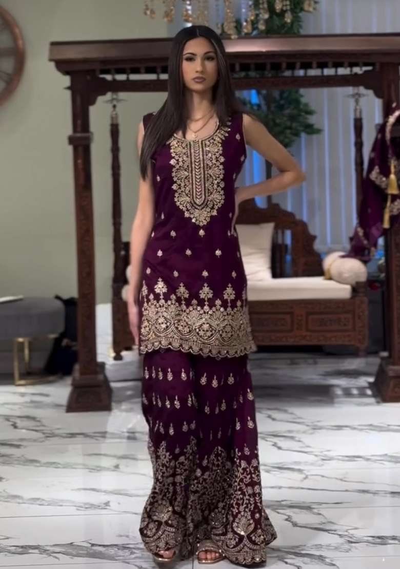 Wine Embroidered Georgette Sharara Set - Indya