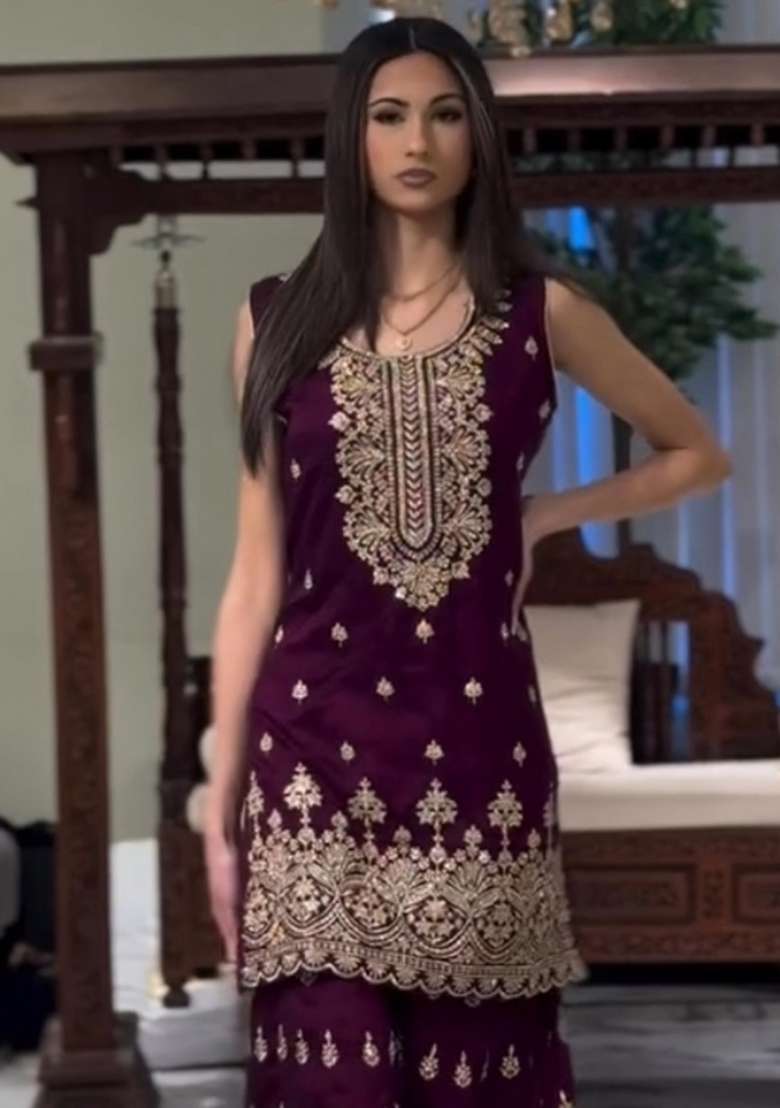 Wine Embroidered Georgette Sharara Set - Indya