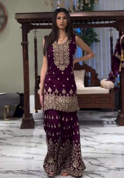 Wine Embroidered Georgette Sharara Set