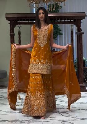 Yellow Embroidered Georgette Sharara Set